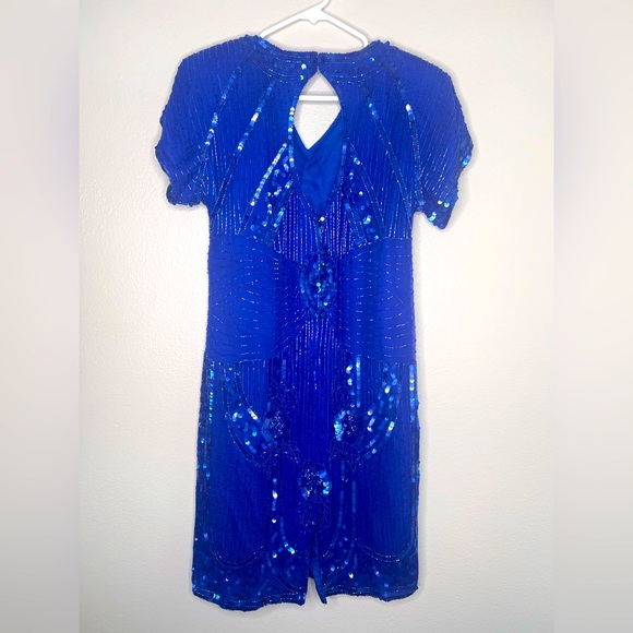 Vintage Jewel Queen 100% Silk Fully Beaded, Sequined Cobalt Blue Elegant Dress S - Picture 1 of 10